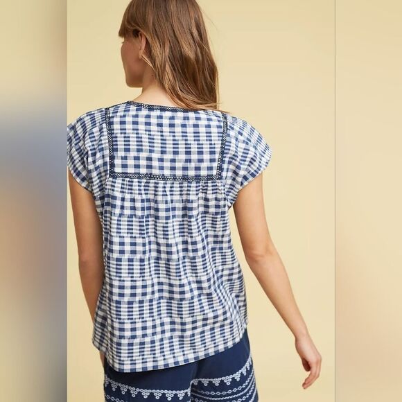 Anthropologie Kopal Freya Embroidered Gingham Top Cap Sleeve Boho Peasant Small - Picture 2 of 9